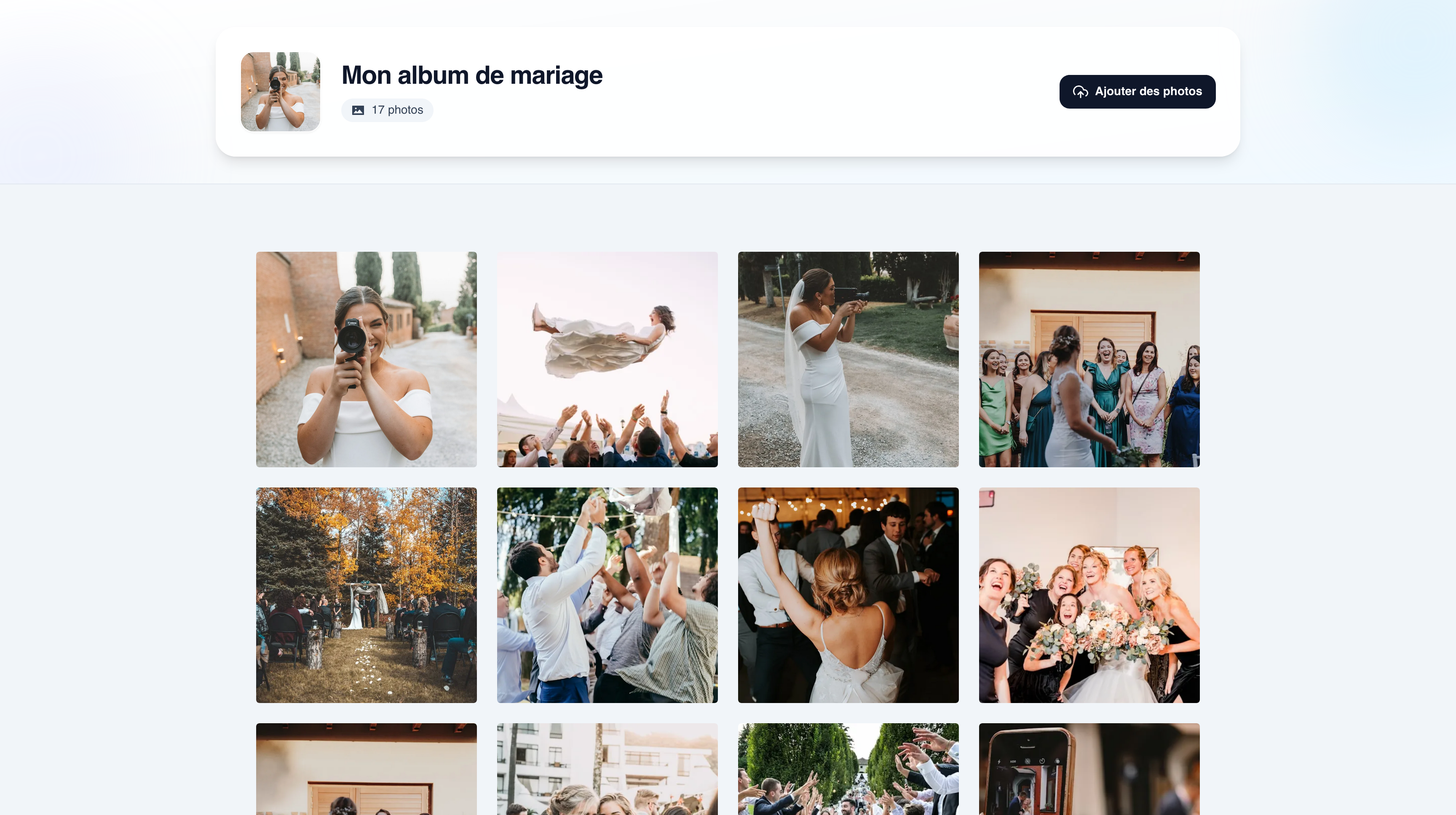 Aperçu de l'interface de l'album photo de mariage